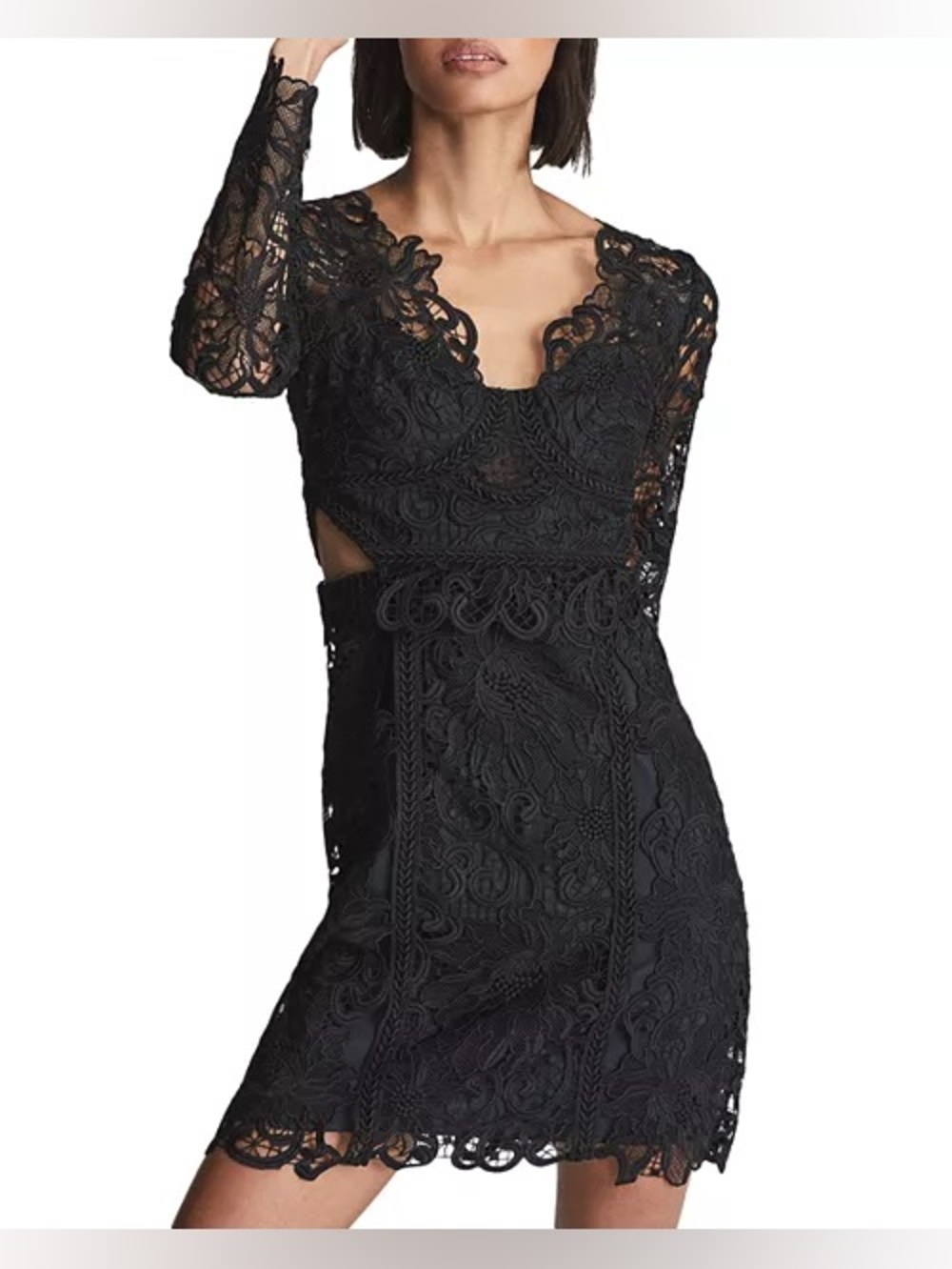 Reiss Erica Lace Bodycon Mini Dress Black with Side Cutouts US 8 NWT